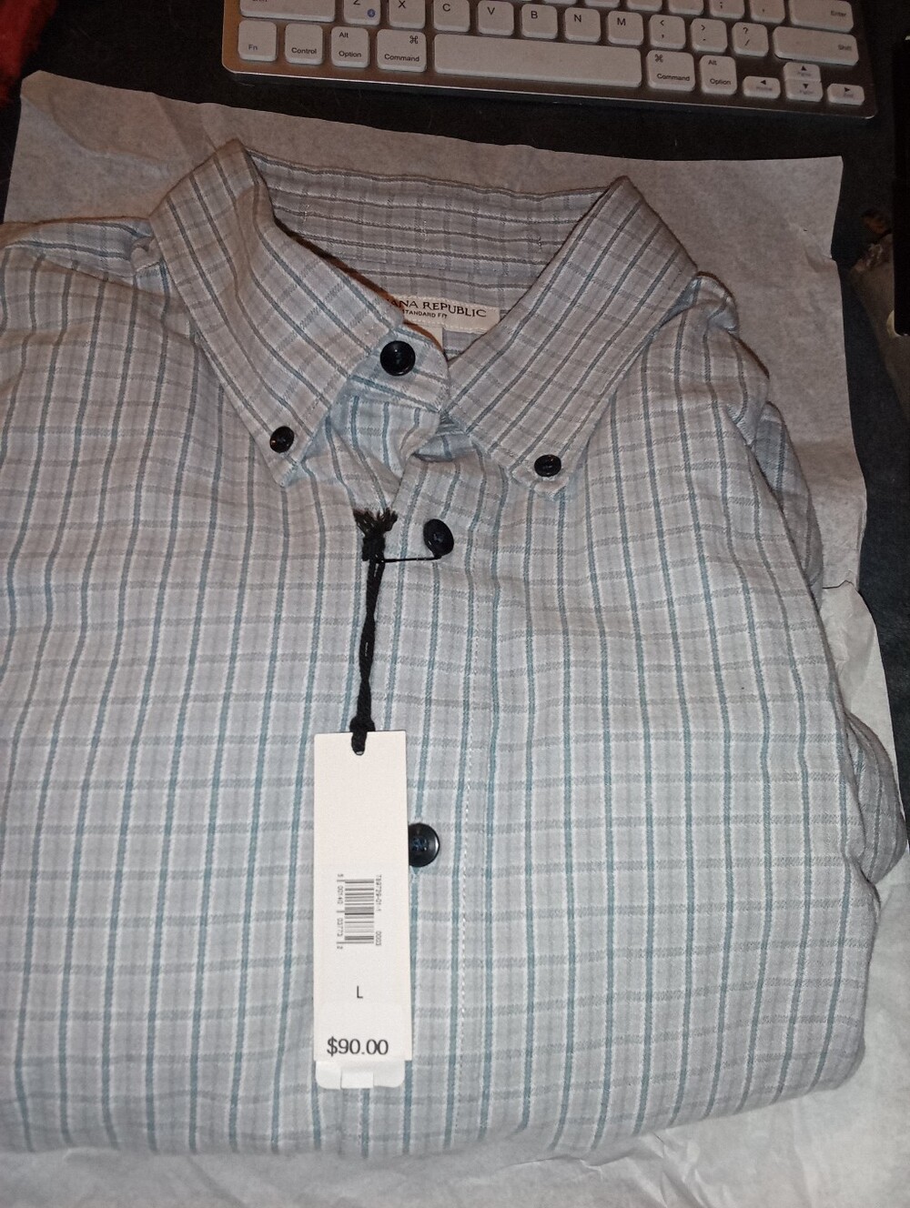 Banana Republic Men's Light Gray and Teal Plaid Button-Down Shirt